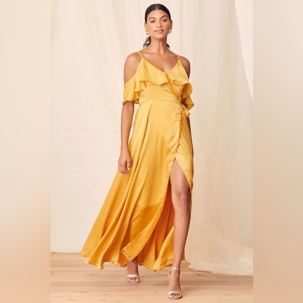 NWT Lulus Mustard Yellow Gold Satin Wrap Maxi Dress - XS